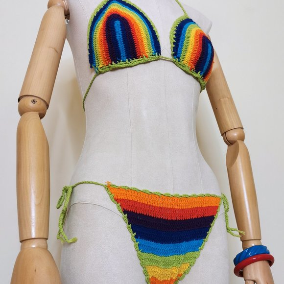 Handmade 80s Rainbow Crochet String Bikini - Picture 3 of 10